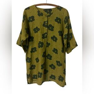 Gudrun Sjoden Linen Tunic Top Size S Cotton Green Navy Floral Summer Fall